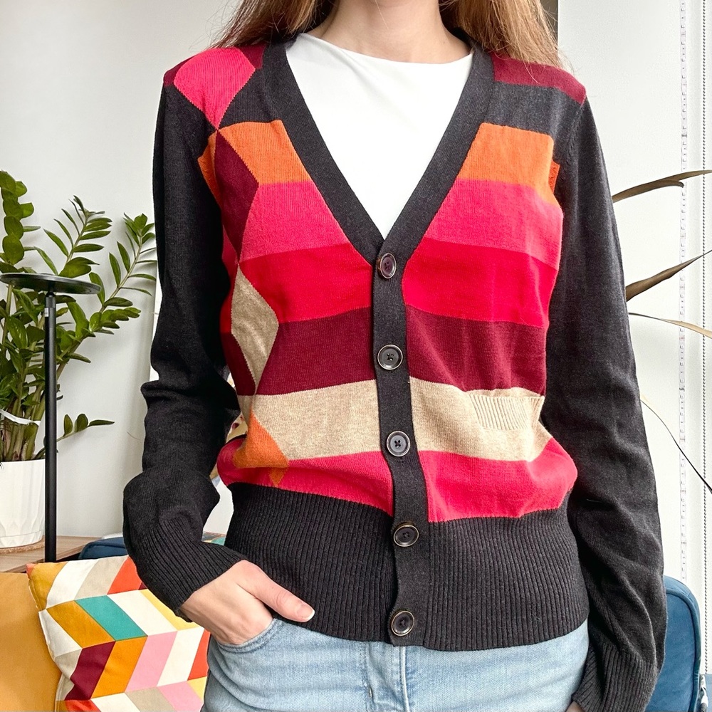 CAbi Colorblock Striped Cardigan in Black, Pink, Red, Orange, Gold EUC
